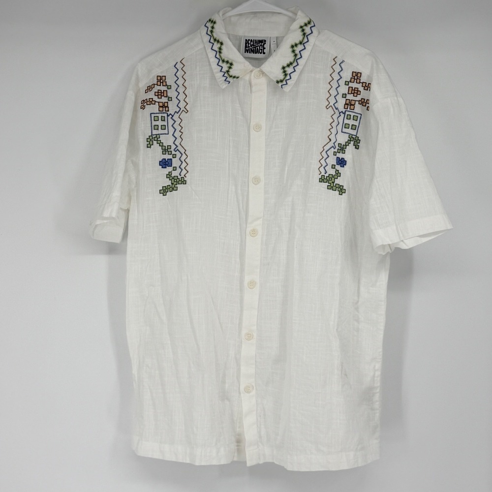 Reclaimed Vintage White Cotton Embroidered Short Sleeve Button Up Shirt Mens S